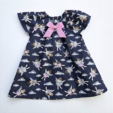 VESTIDO CAROL AZUL MARINHO E ESTAMPAS DE BONECAS E LAÇO ROSA