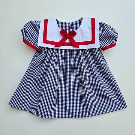 VESTIDO VITÓRIA XADREZ AZUL MARINHO GOLA MARINHEIRO BRANCA DETALHE VERMELHO
