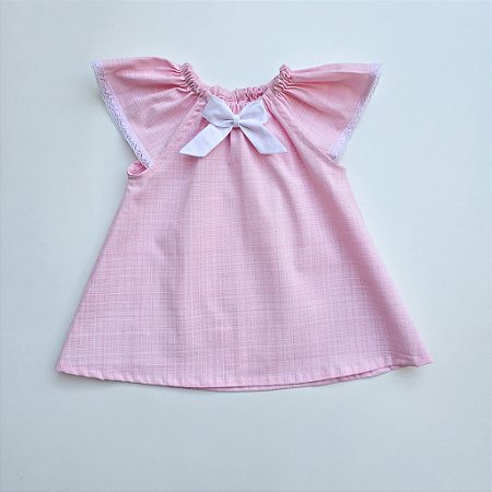 VESTIDO CAROL ROSA RAJADO E RENDA BRANCA NA MANGA