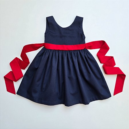 VESTIDO VITÓRIA AZUL MARINHO DECOTE NAS COSTA E CINTO VERMELHO