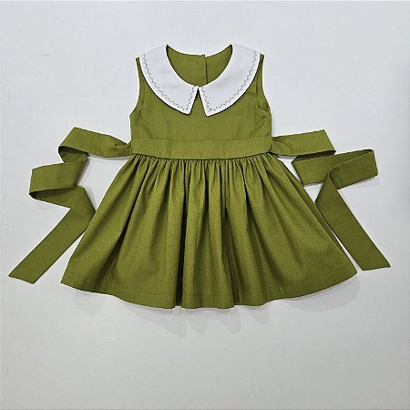 VESTIDO VITÓRIA VERDE OLIVA GL BRANCA BORDADA E CINTO