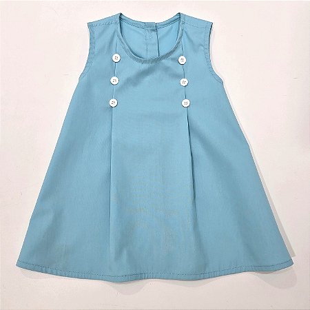 VESTIDO LARA AZUL TIFFANY COM PREGAS NA FRENTE E BOTÕES BRANCO
