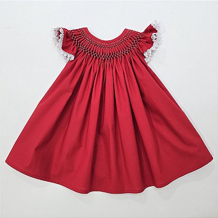 VESTIDO CASINHA DE ABELHA VERMELHO BORDADO BRANCO E RENDA NA MANGA BRANCA