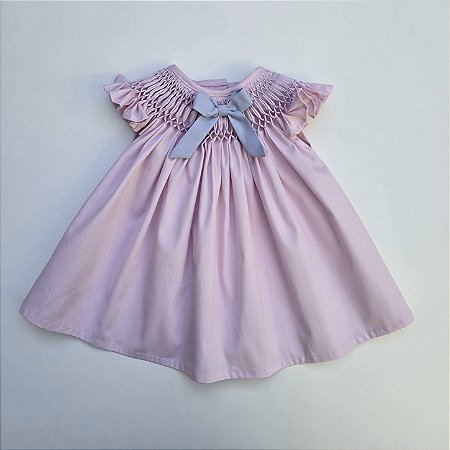 VESTIDO CASINHA DE ABELHA ROSA BEBE COM BORDADOS AZUL