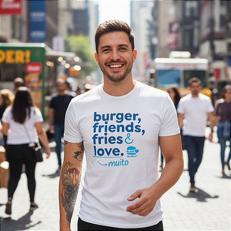Camiseta Voluntário "Burguer, Friends, Fries & Love"