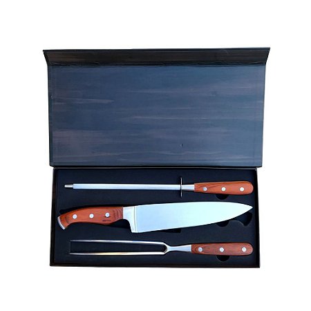 Conjunto Inox Faca Garfo e Chaira com Caixa