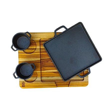 Kit Chapa de 22cm Ferro Fundido com Tábua e Molheiras