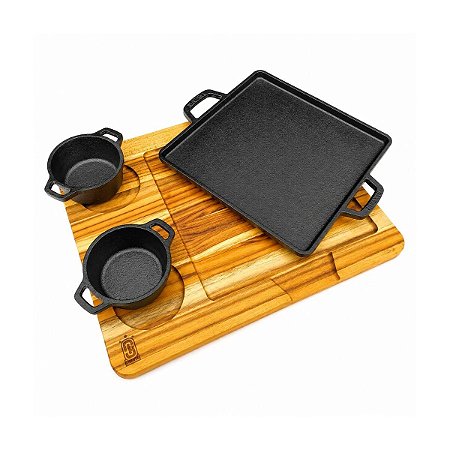Kit Chapa de 22cm Ferro Fundido com Tábua e Molheiras
