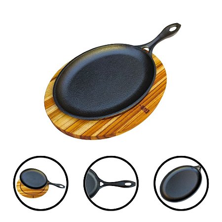 Frigideira de Ferro Fundido com Suporte de Madeira