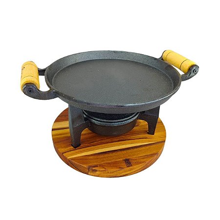 Kit Chapa Fogareiro De Ferro Fundido Com Suporte De Madeira