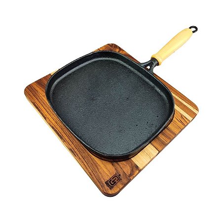 Conjunto Frigideira de Ferro Fundido com Suporte de Madeira