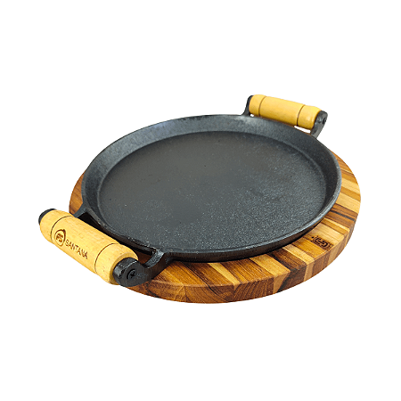 Conjunto Bifeteira De Ferro Fundido Com 2 Alças E Suporte De Madeira