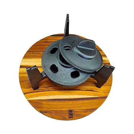 Conjunto Fogareiro De Ferro Fundido Com Suporte De Madeira