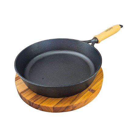 Frigideira Ferro Fundido 22cm Suporte Madeira Antiaderente Alta