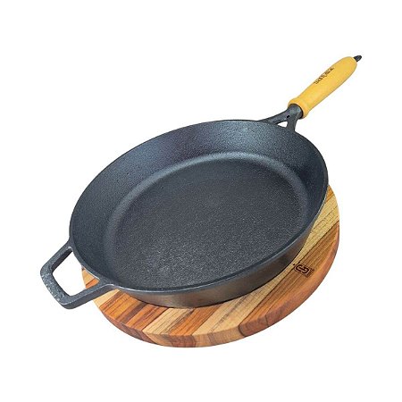 Frigideira Ferro Fundido 27cm Antiaderente Natural Alta Suporte Madeira
