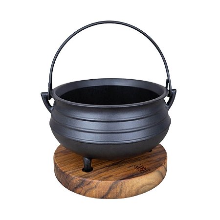 Caldeirão Panela Tripé 600ml De Ferro Fundido Com Suporte De Madeira