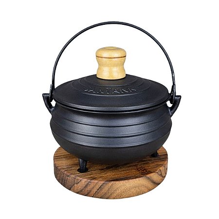 Caldeirão Tripé Com Tampa Panela 600ml De Ferro Fundido E Suporte De Madeira