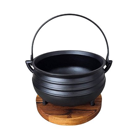 Caldeirão Panela Tripé 1 Litro De Ferro Fundido Com Suporte De Madeira