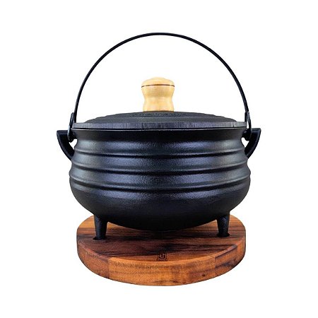 Caldeirão Tripé Com Tampa Panela 1,4 Litros De Ferro Fundido E Suporte De Madeira