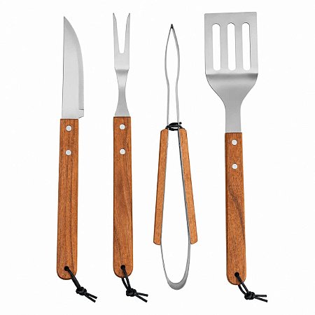 Kit Churrasco Inox Cabos Madeira 4 Peça Gourmet Profissional