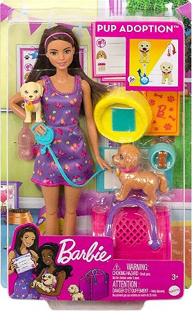 Boneca Barbie Adoção de Filhotes Morena Mattel HKD86