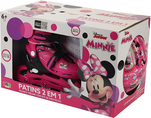 Patins 2 em 1 4 Rodas 32/35 c/ Kit de Proteção Disney Minnie