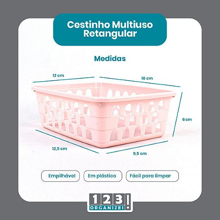 Cesto Multiuso Organizador Pequeno  16x12x6Cm Rosa 123Organizei