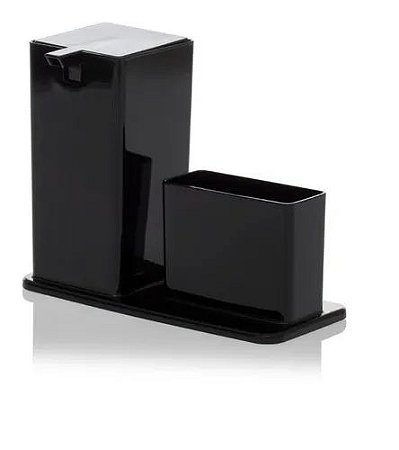 Dispenser Quadrado Plus C/ Porta Esponja Sabão Liquido Preto 1733 Paramount