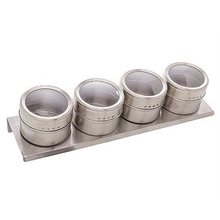 Conjunto 4 Porta Temperos Aço Inox Tampa Acrílico e Suporte