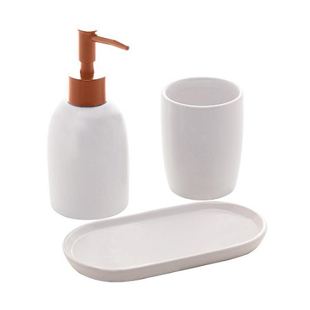 Conjunto 3 Peças Banheiro Cerâmica Londres Branco e Rose