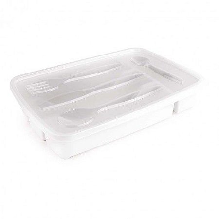 Porta Talheres de Plástico com Tampa 4 Divisórias Branco