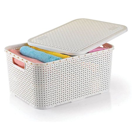 Caixa Organizadora Rattan Grande Branco 16 Litros Com Tampa