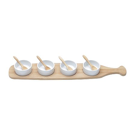 Conjunto Bandeja de Bambu com 4 Colheres e 4 Molheiras
