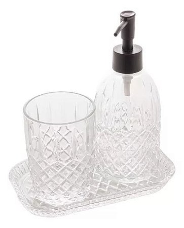 Conjunto 3 Pçs P/ Banheiro Em Vidro Diamantado Preto Lyor