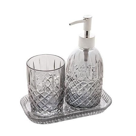 Conjunto 3 Pç P/ Banheiro Vidro Diamantado Cinza e Prateado