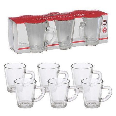 Jogo Conjunto de Caneca De Vidro Café Lisa 70ML 6 Peças