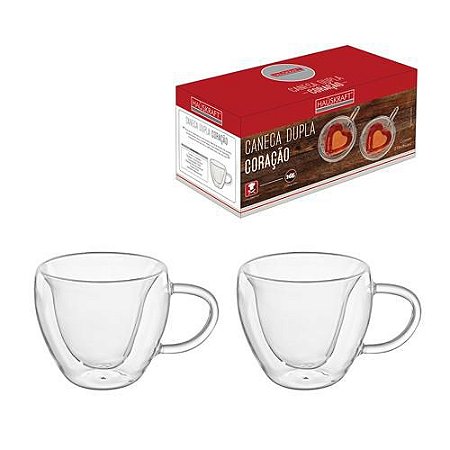 Caneca Parede Duplas Formato Coração 230ML 2PÇ Em Vidro