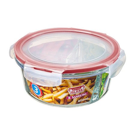 Pote Hermético Redondo de Vidro com Divisória 800ml Multiuso