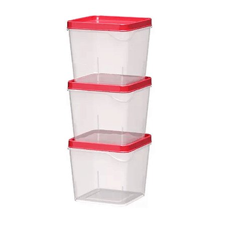 Jogo 3 Potes Organizador Quadrado Multiuso PP Vermelho 250ML