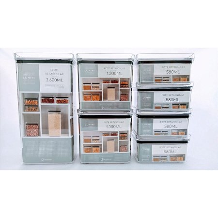 Kit 7 Potes Herméticos Retangular Lumini 580 / 1300 / 2600ML