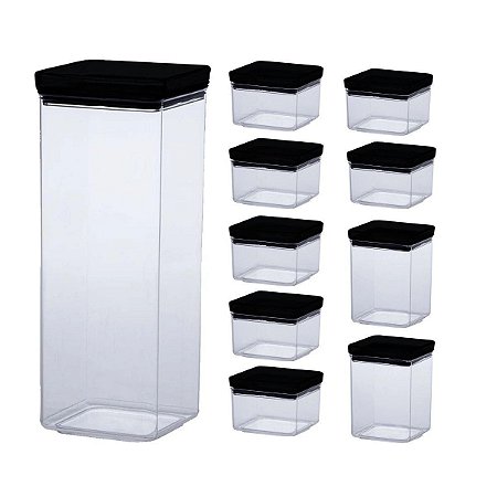 Kit 10 Potes Hermético Quadrado Lumini Black 480/1000/2200ML