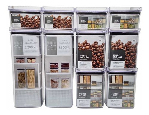 Kit 10 Potes Herméticos Quadrados Lumini 480 / 1000 / 2200ML