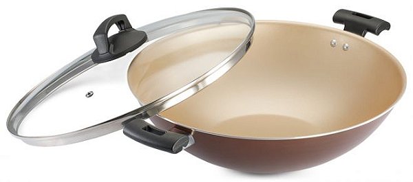 Panela Wok Antiaderente Premium 32Cm Marrom Com Tampa Vidro