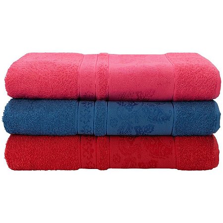 Jogo de Banho 3 Pçs Pandora Vermelho/Azul/Pink 75cmx1,50mts