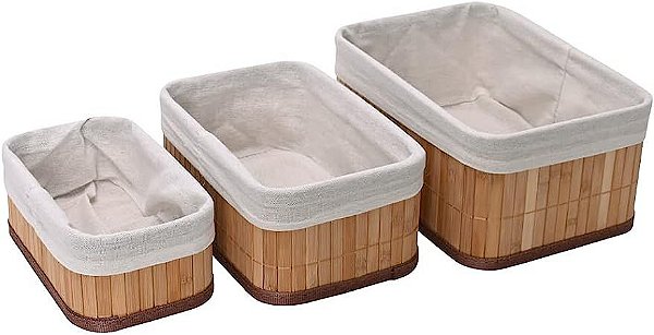 Conjunto 3 Cestos Organizadores Pequenos Bambu Organ Claro