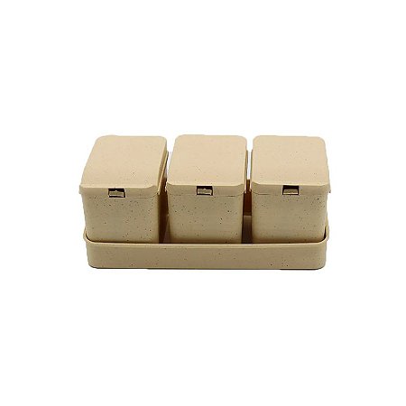 Kit 3 Porta Temperos de Bambu C/ Colher e Bandeja Lines Bege