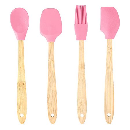 Conjunto 4 Utensílios de Silicone Cabo em Bambu Rosa Lyor