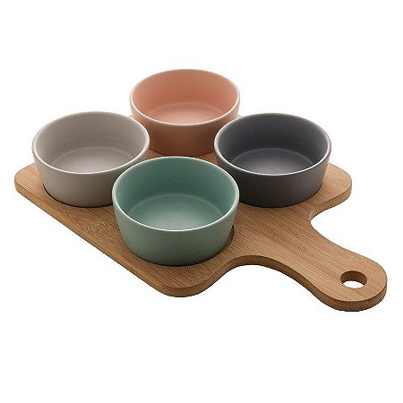 Conjunto Petisqueira C/ Bandeja De Bambu E 4 Potes 21x31cm