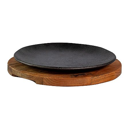 Prato Chapa de Ferro Fundido Com Suporte de Madeira 24CM