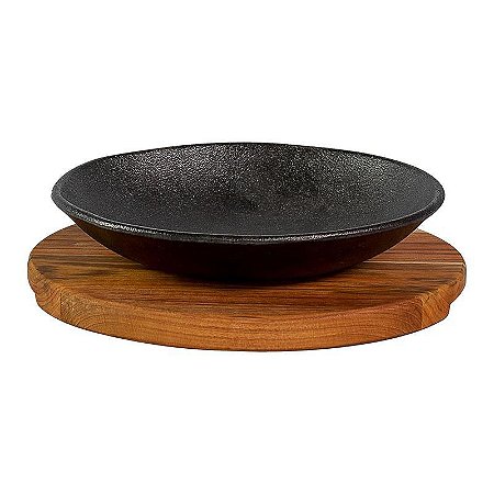 Prato Chapa de Ferro Fundido Com Suporte de Madeira 22CM